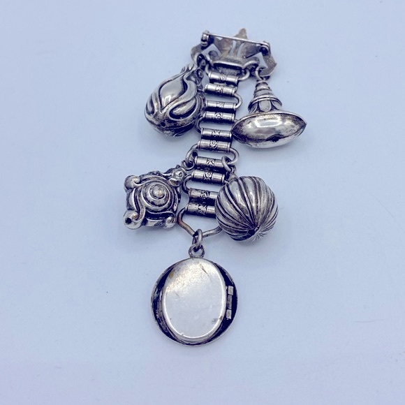 Vintage SilverTone Dangling Charm And Locket Brooch Very Unique 4 1/2” Long - Picture 4 of 9